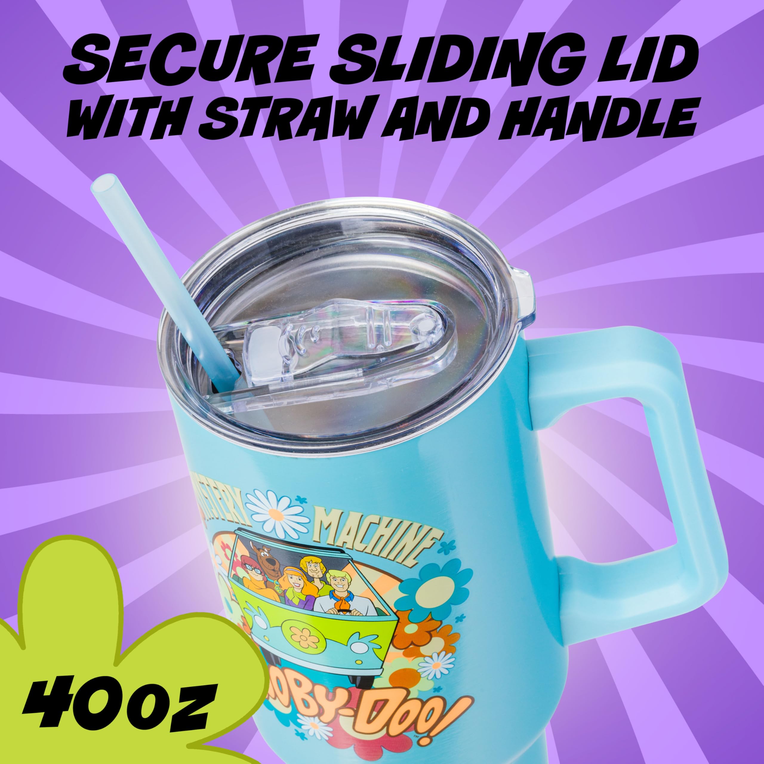 Silver Buffalo Scooby-Doo Mystery Machine tumbler with handle demonstrates easy one-handed carrying.