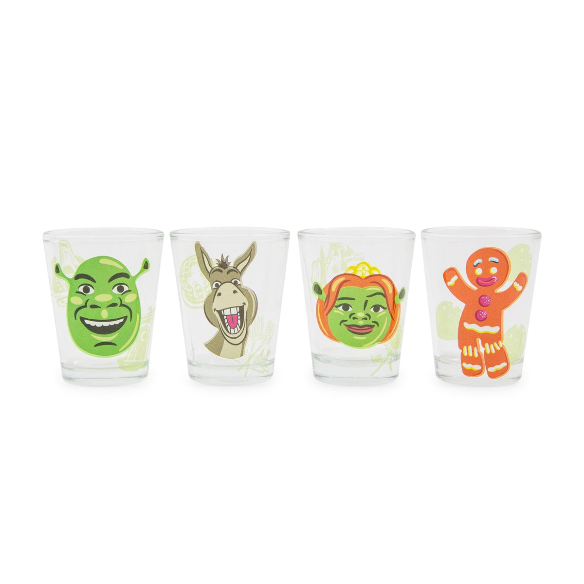 Silver Buffalo Shrek characters mini shot glasses set of four, ideal for themed parties.