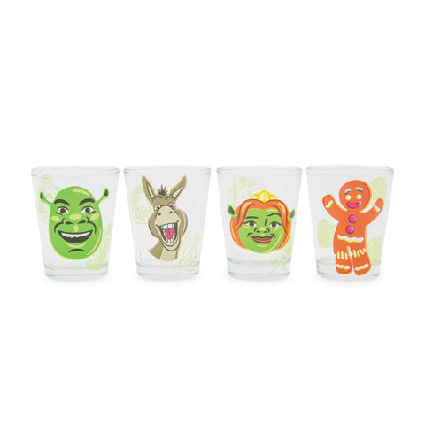 Silver Buffalo Shrek characters mini shot glasses set of four, ideal for themed parties.
