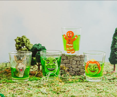 Silver Buffalo Shrek Fiona portrait mini shot glass, elegant color graphics.