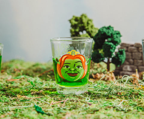 Silver Buffalo Shrek Gingerbread Man portrait mini shot glass, festive vibe.