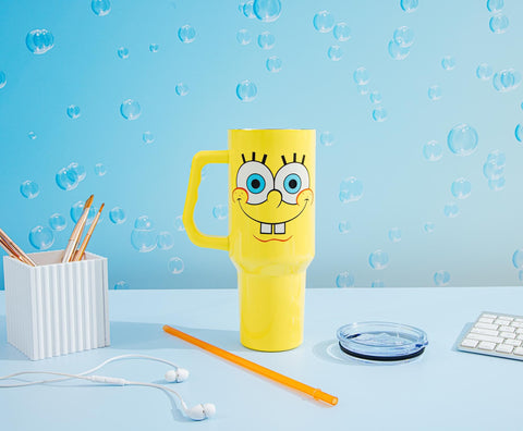 Durable stainless steel construction of the Silver Buffalo SpongeBob tumbler for daily use.