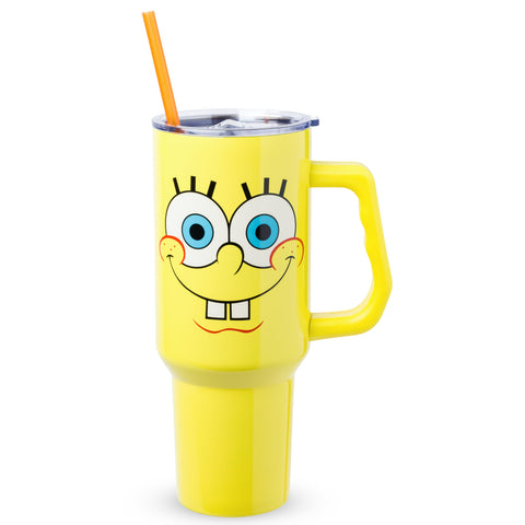 Silver Buffalo SpongeBob tumbler shows SpongeBob’s face on a yellow background, two-sided design for visibility.