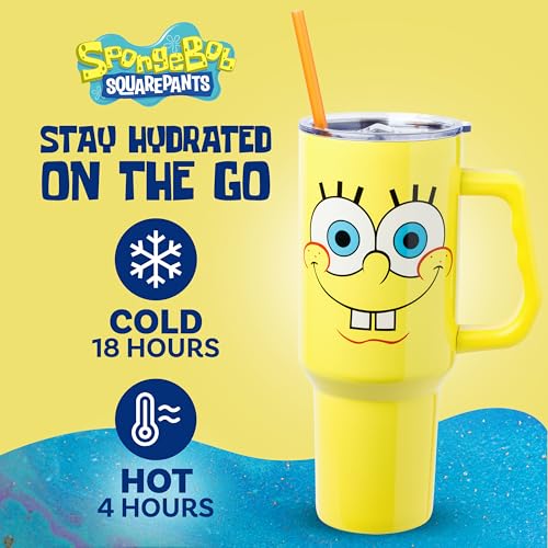 Handle-equipped 40-ounce Silver Buffalo SpongeBob tumbler for easy carrying.