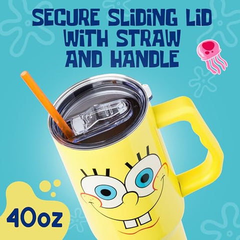 Tumbler lid with straw on the Silver Buffalo SpongeBob design for quick sips.