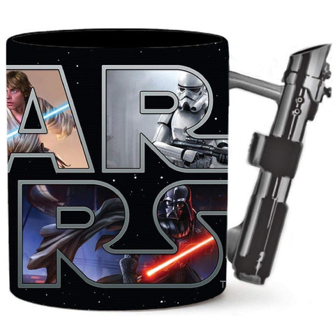 Silver Buffalo Star Wars mug with sculpted lightsaber handle for epic morning coffee.
