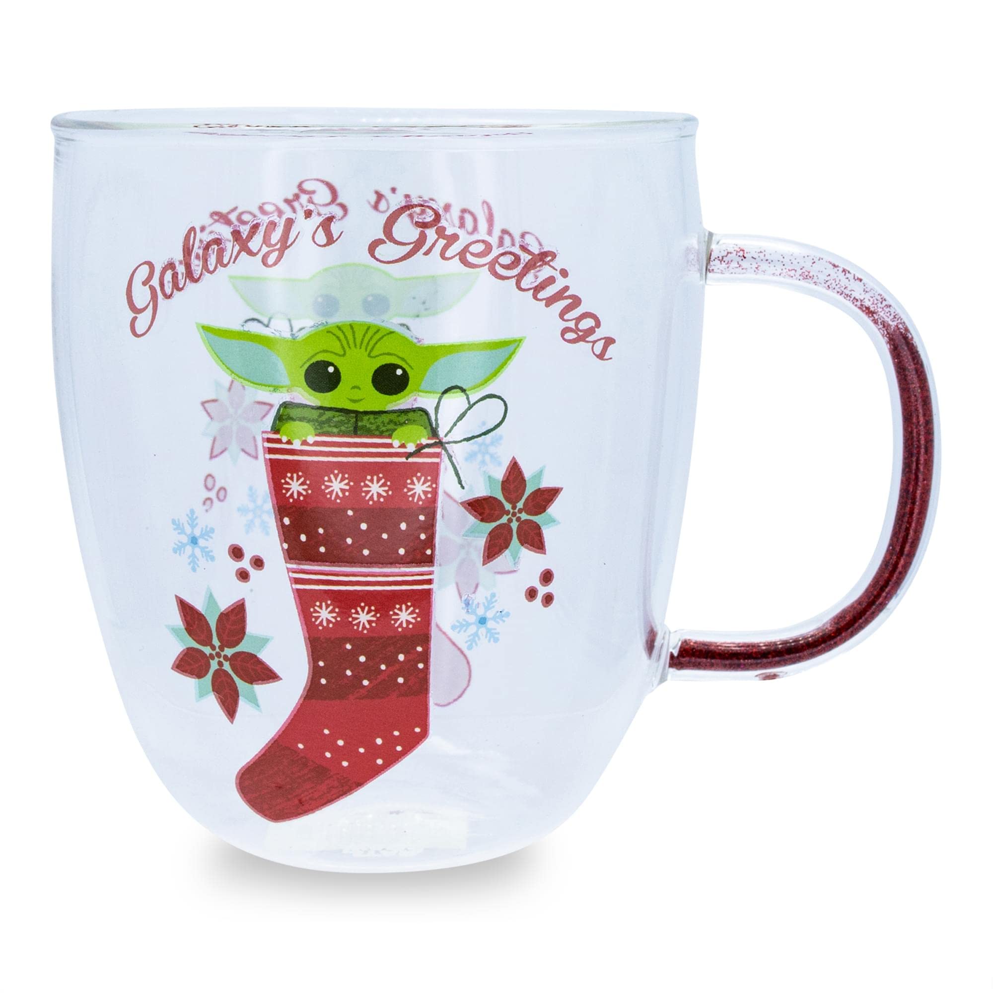 Close-up of Silver Buffalo Mandalorian Grogu mug with glittery handle.
