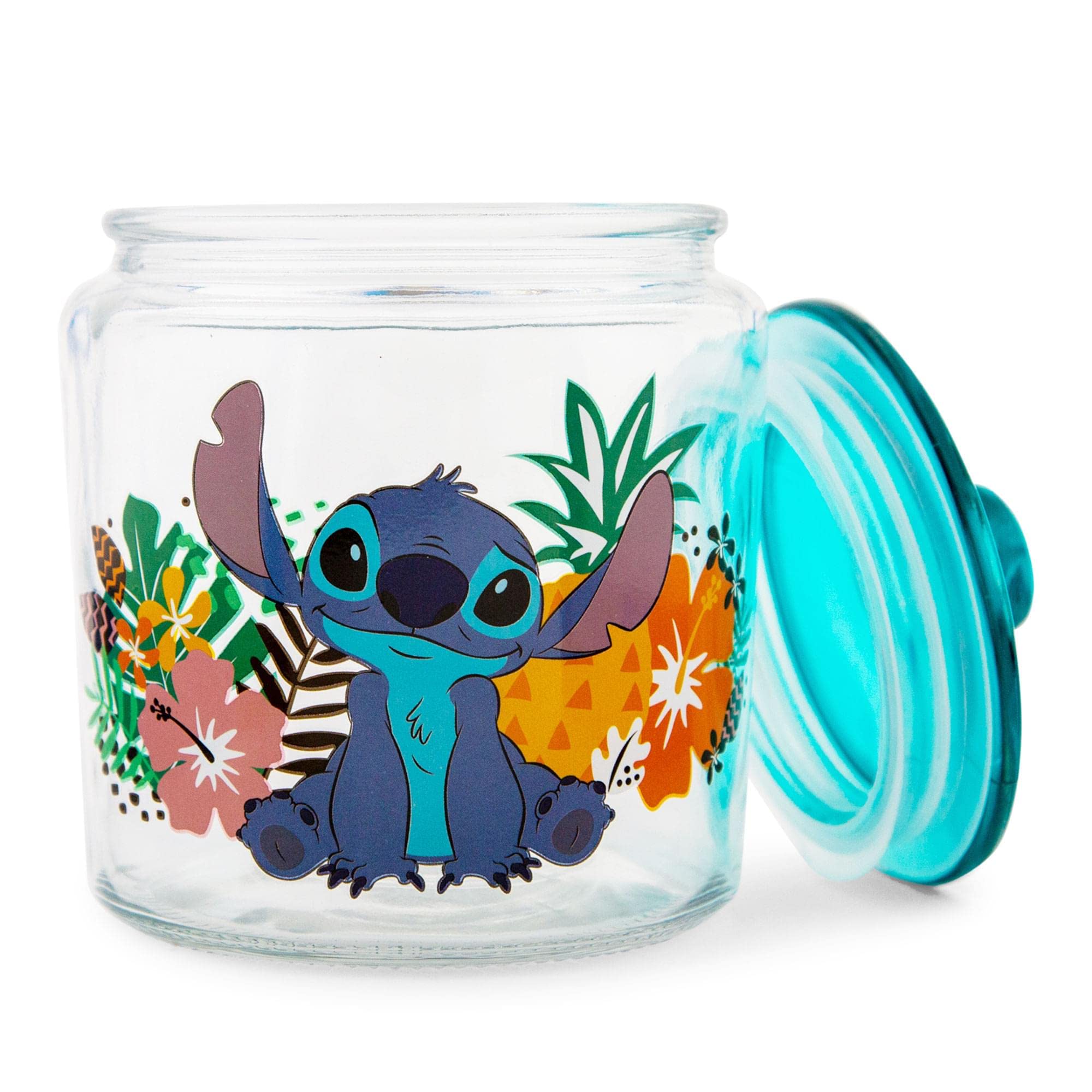 Silver Buffalo Lilo Stitch jar features tropical background for cookies and small treats.