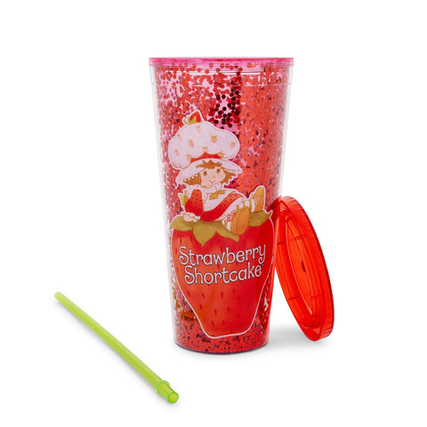 Silver Buffalo Strawberry Shortcake Confetti Cup side view, secure lid ideal for travel.