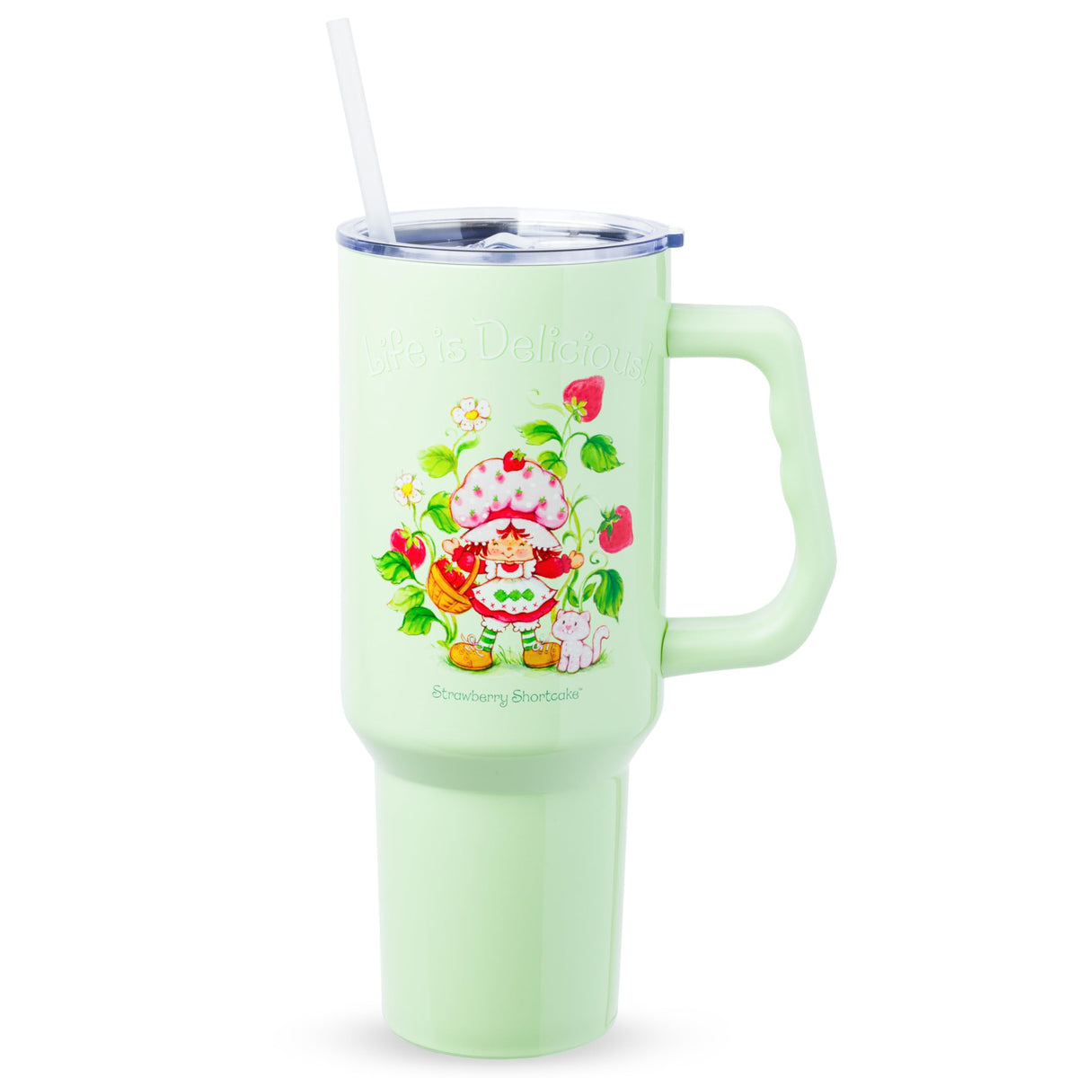 Silver Buffalo Strawberry Shortcake tumbler on a green body with characters, ideal for on-the-go hydration