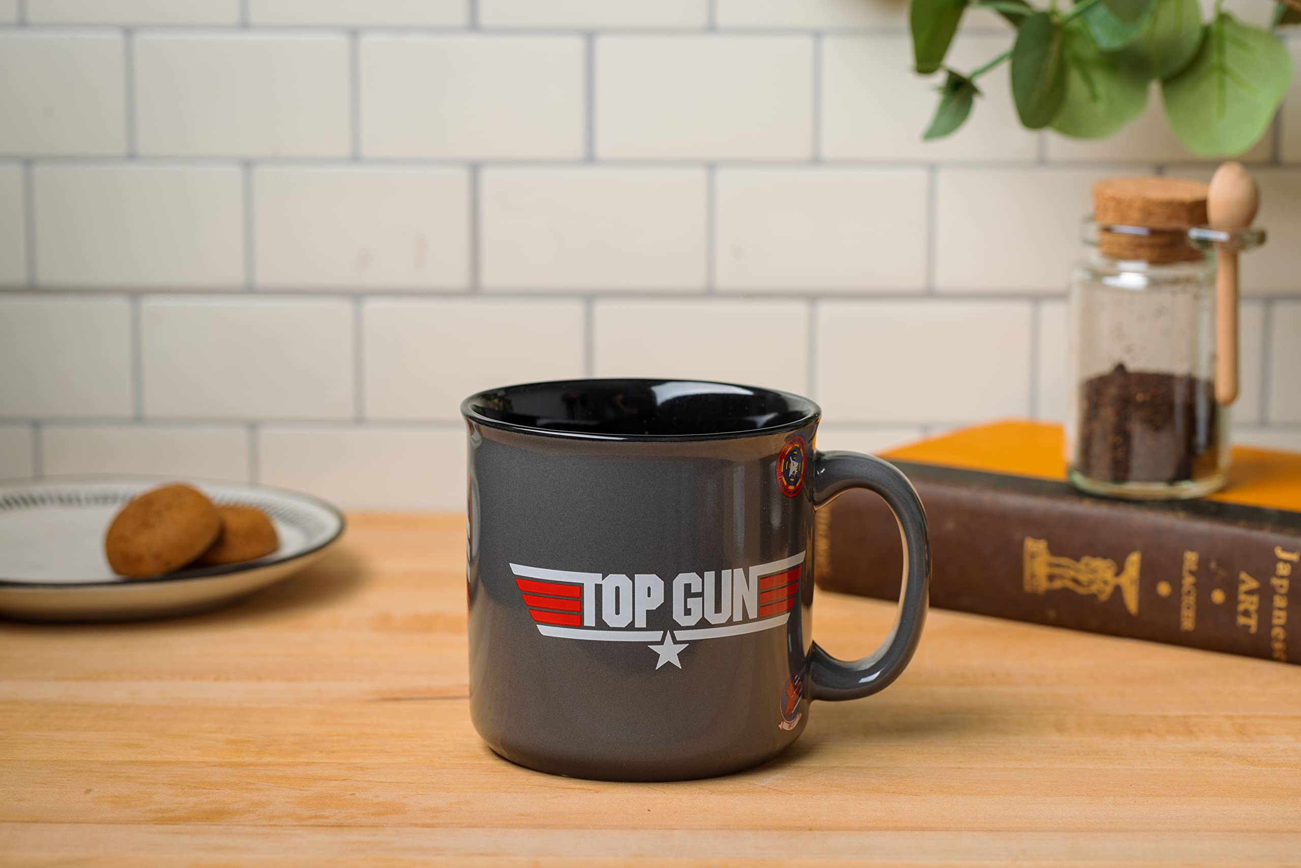 Silver Buffalo Top Gun Maverick 20oz mug side view, iconic branding from both sides.
