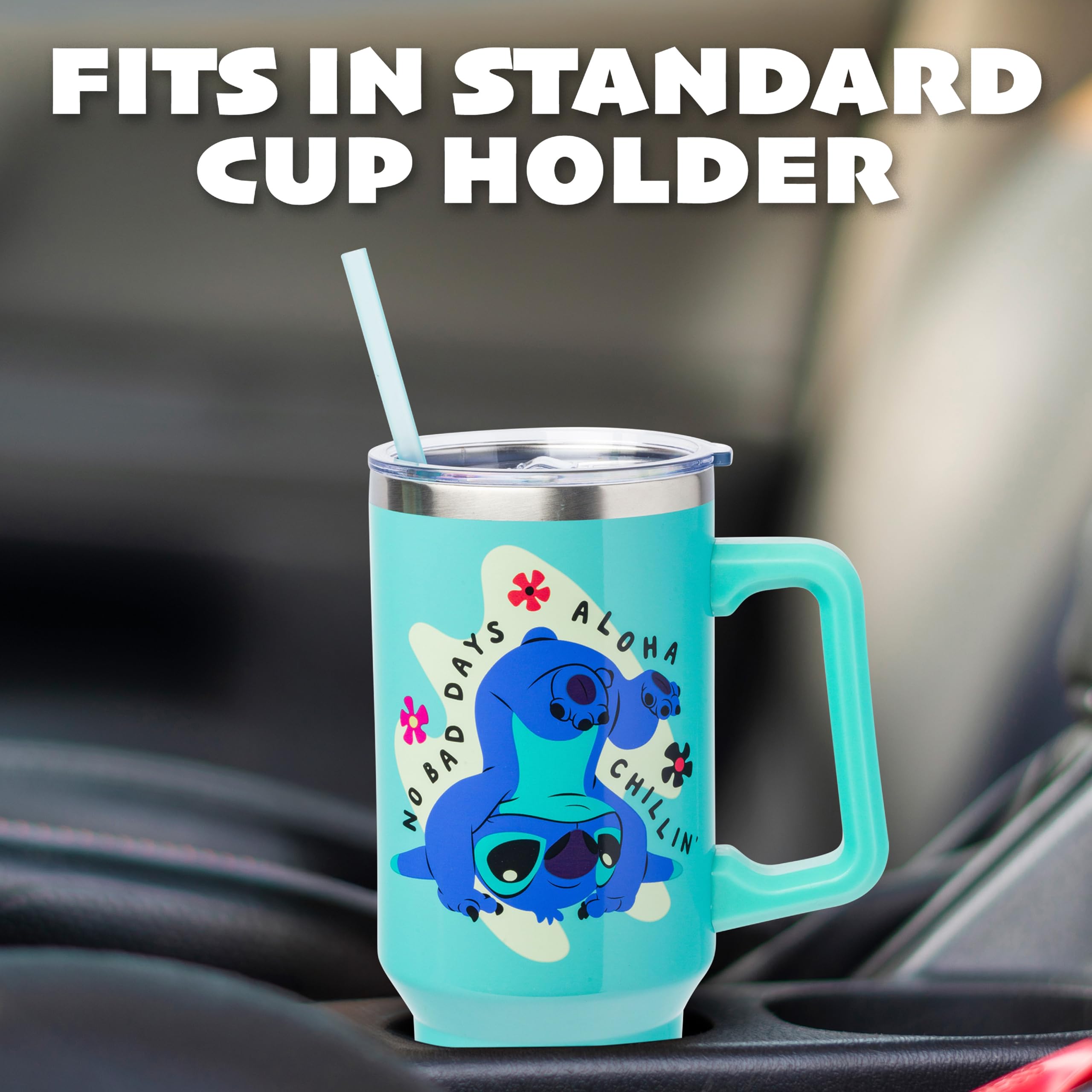 Silver Buffalo tumbler with sturdy handle and straw for easy sipping.