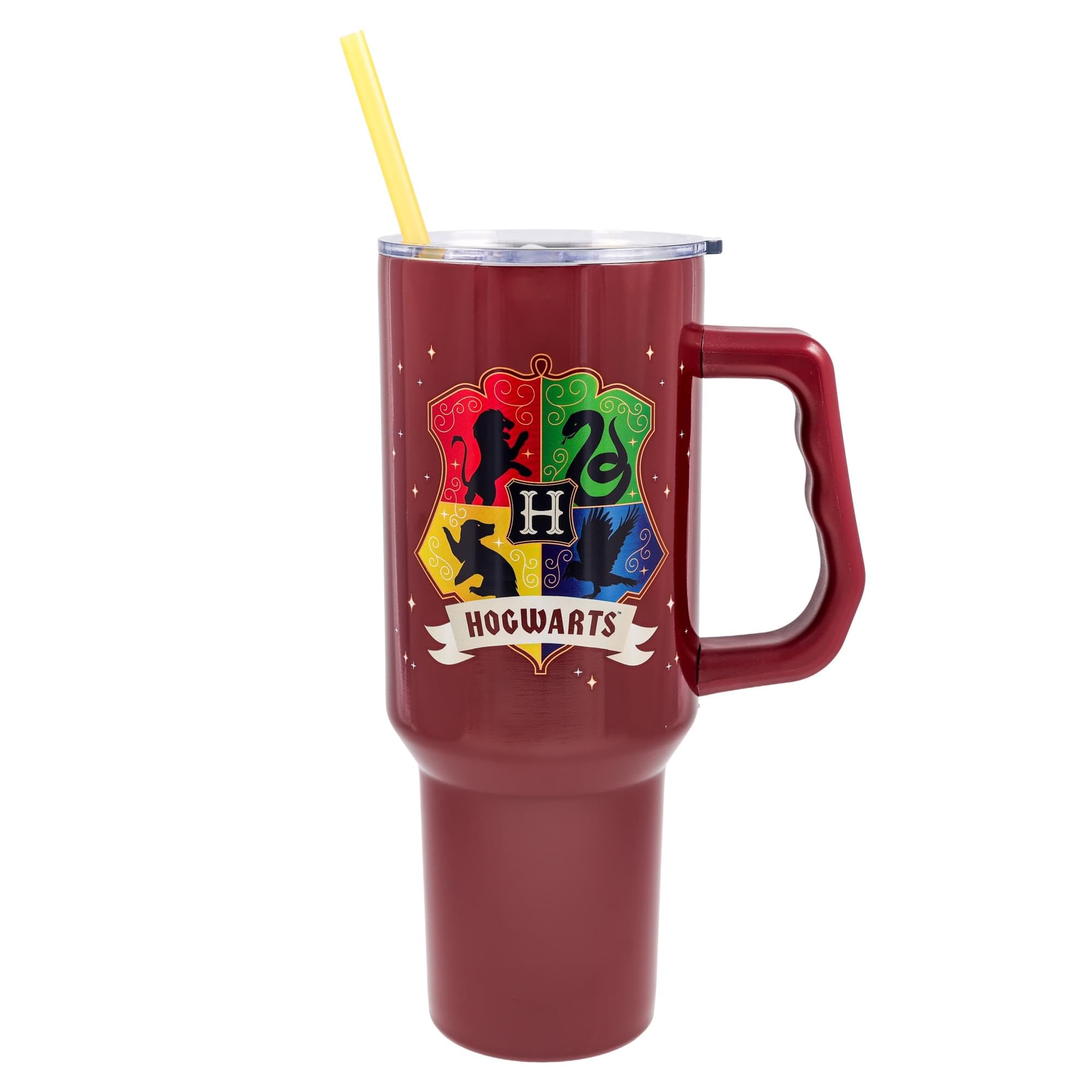 Silver Buffalo tumbler with handle, side view shows easy carrying on the go.