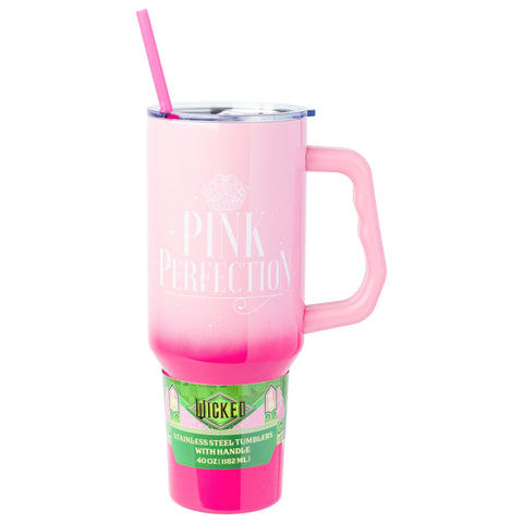 Silver Buffalo Wicked Glinda pink ombre 40oz tumbler with handle for on the go hydration.