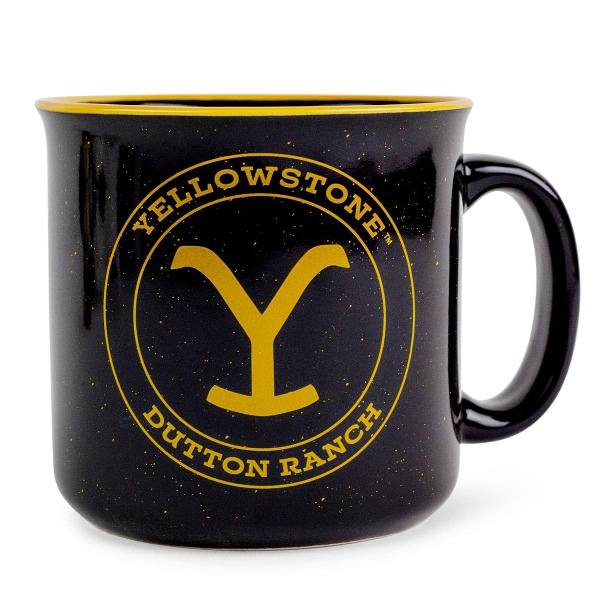 Silver Buffalo Yellowstone camper mug front view with bold Dutton Ranch branding.