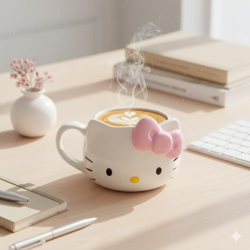 Silver Buffalo Hello Kitty pink bow detail mug, ideal desk decor.