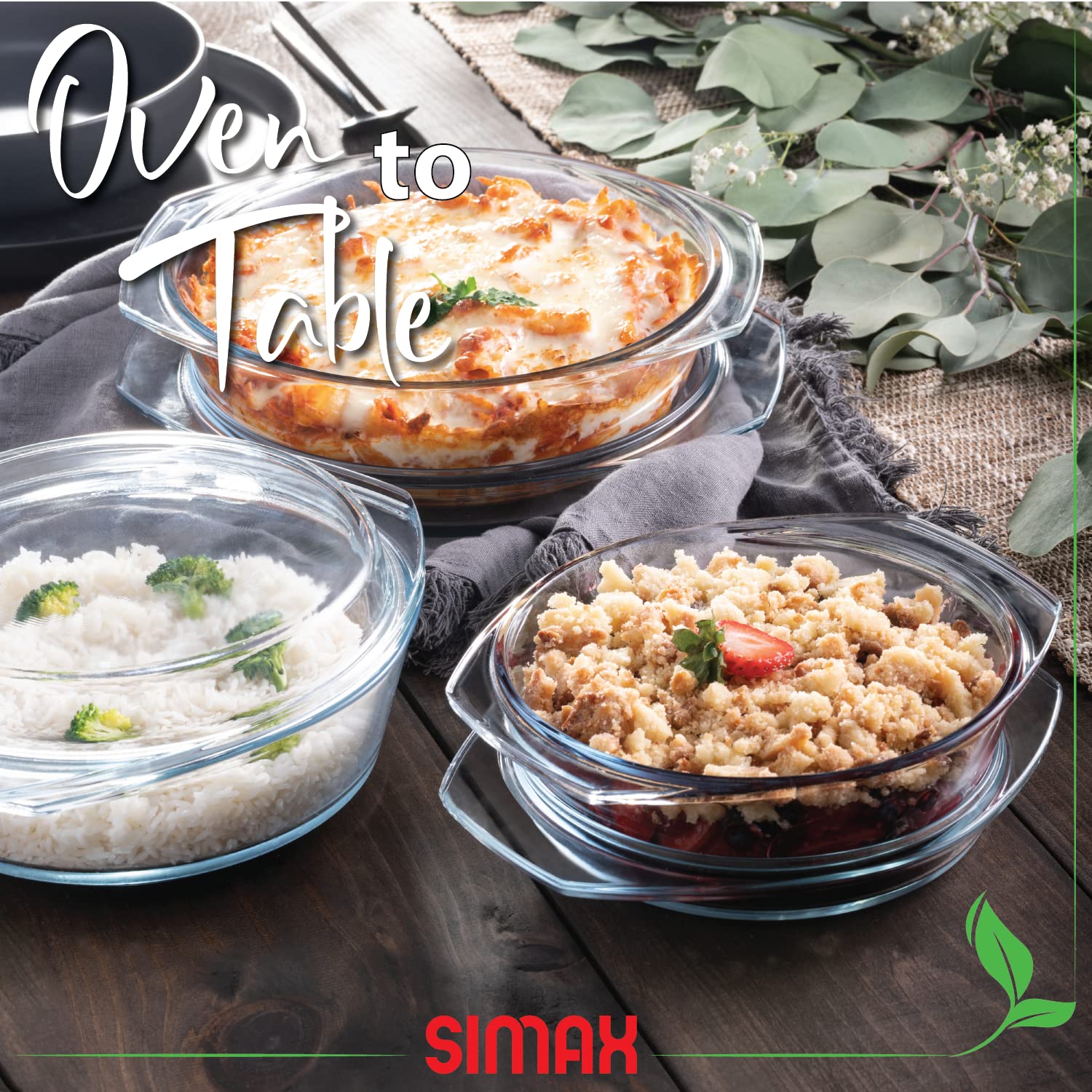 SIMAX glass bakeware served on table preserves presentation.
