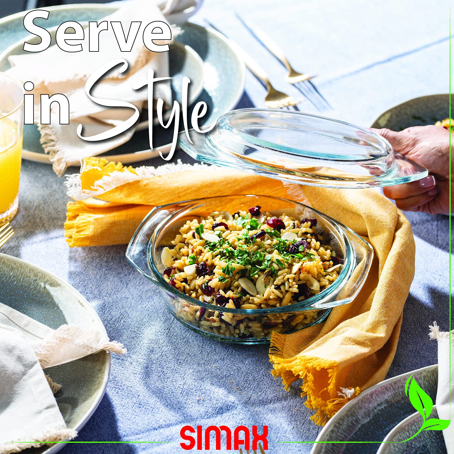 SIMAX glass casserole dish snug lid to lock in moisture.