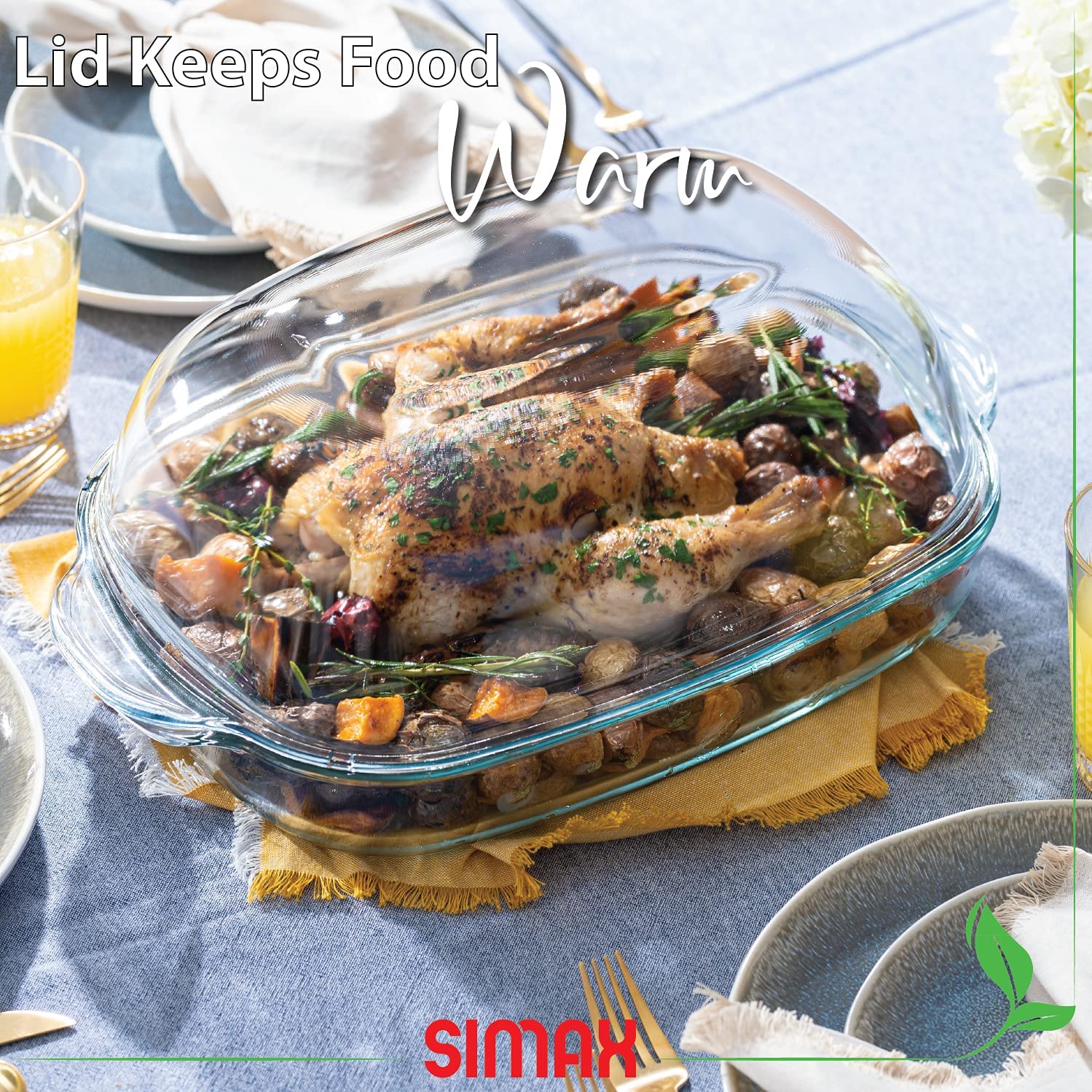 SIMAX dishwasher-safe dish resists thermal shocks for easy cleanup and storage.
