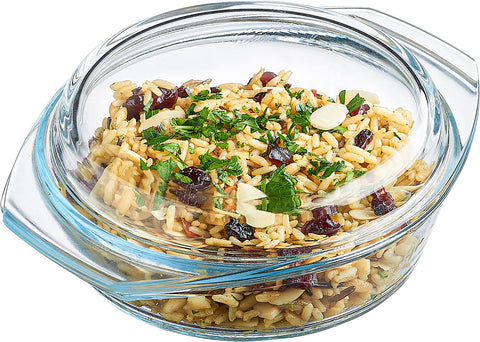 SIMAX glass casserole dish with clear lid and handles for serving.