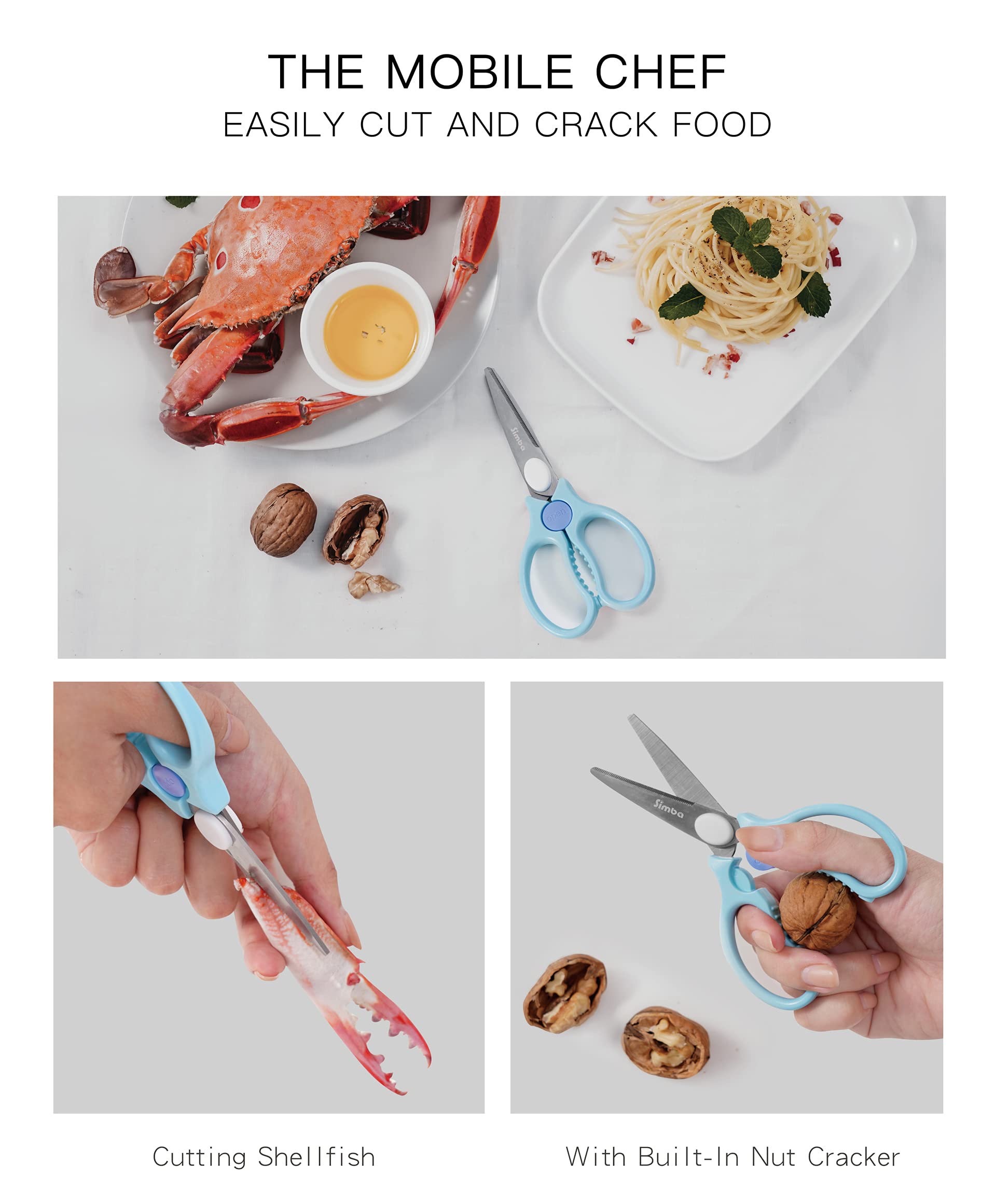 Simba blue safety scissors adapt to various foods for kid-friendly meals