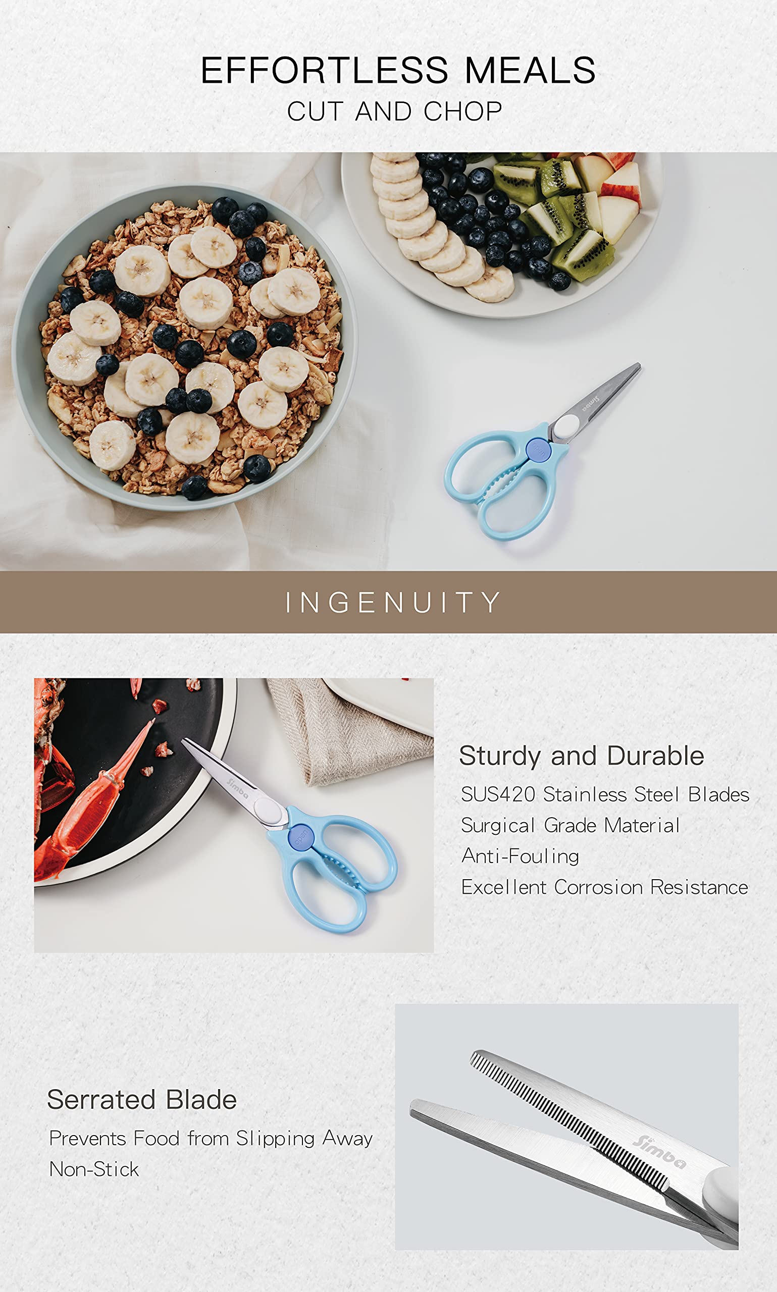 Simba stainless steel blue scissors resist rust for durable travel kitchen use
