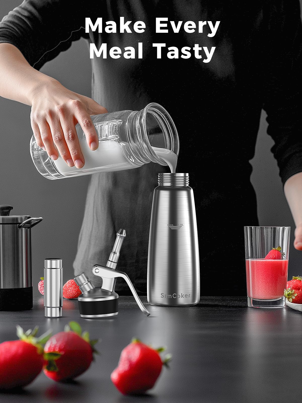 SimCoker note: dishwasher-safe parts require disassembly for cleaning