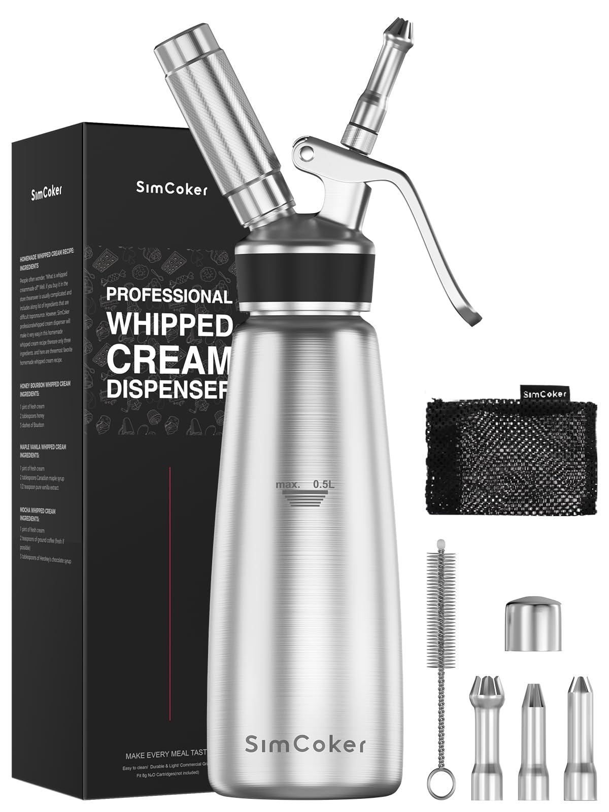 SimCoker professional whipped cream dispenser 500ml with ergonomic grip for smooth topping