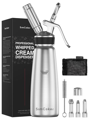SimCoker professional whipped cream dispenser 500ml with ergonomic grip for smooth topping