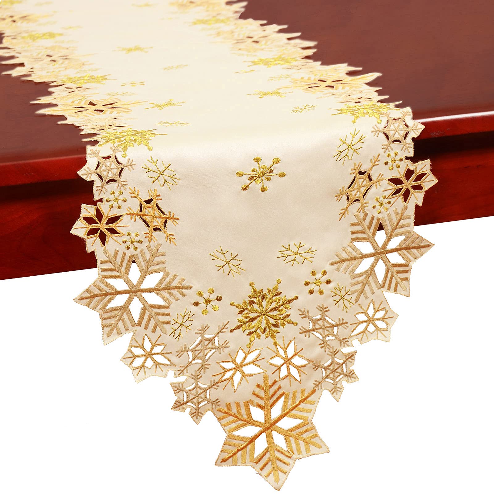 Simhomsen embroidered gold snowflakes table runner enhances festive dining ambiance.