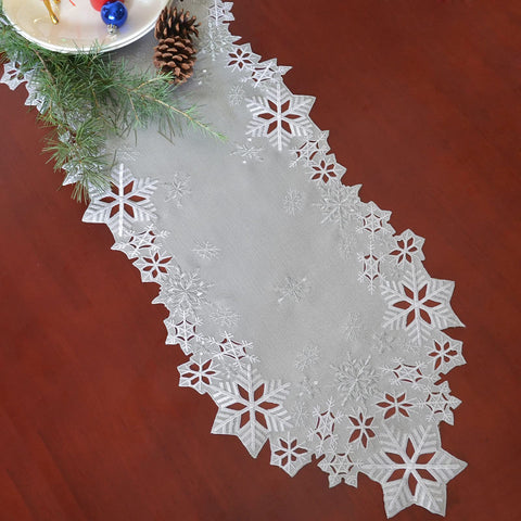 Simhomsen embroidered snowflakes table runner displayed on a dining table to add holiday ambiance.