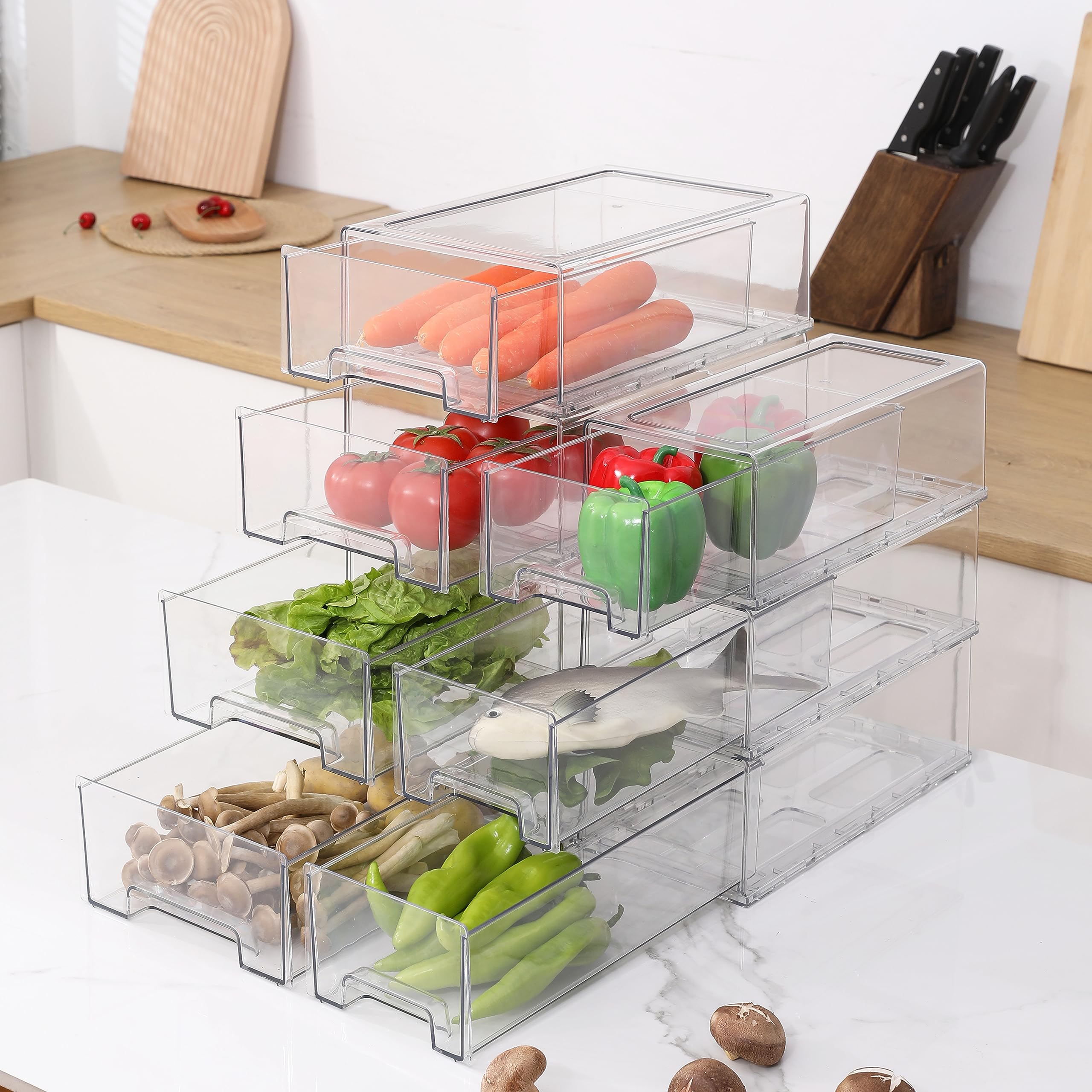 SIMPEXPE stackable drawer in fridge provides clear visibility for produce and dairy.
