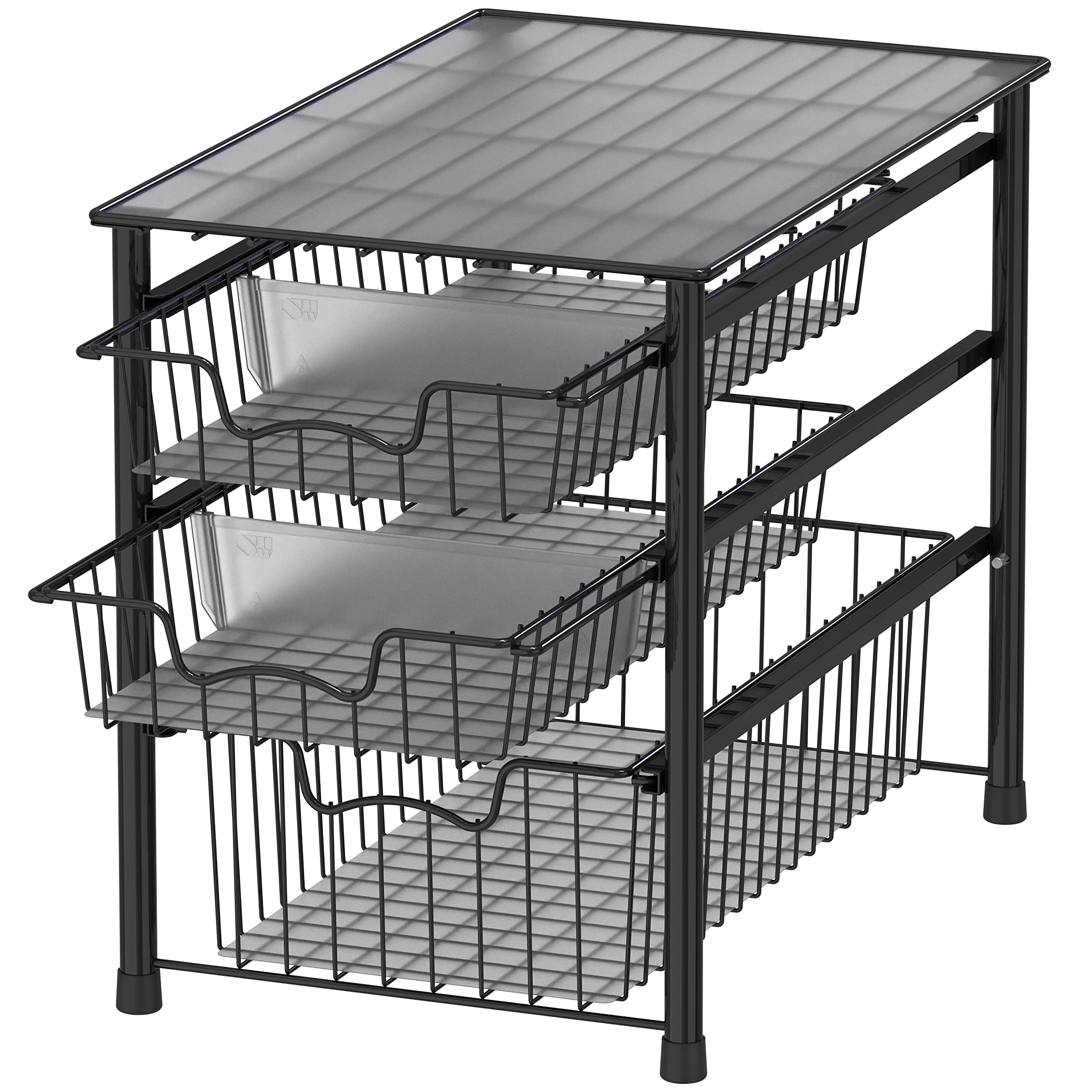 Simple Houseware 3-tier sliding basket organizer for compact bathroom storage.