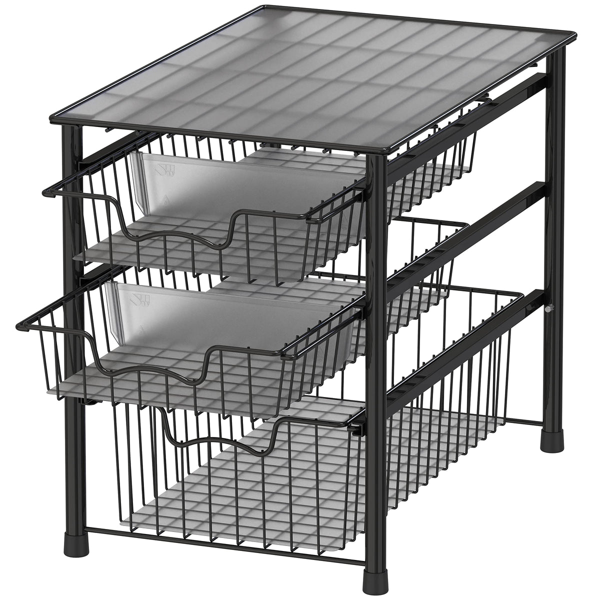 Simple Houseware 3-tier sliding basket organizer for compact bathroom storage.
