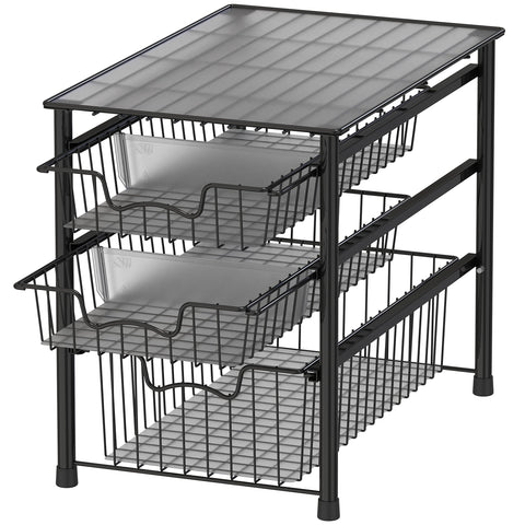 Simple Houseware 3-tier sliding basket organizer for compact bathroom storage.