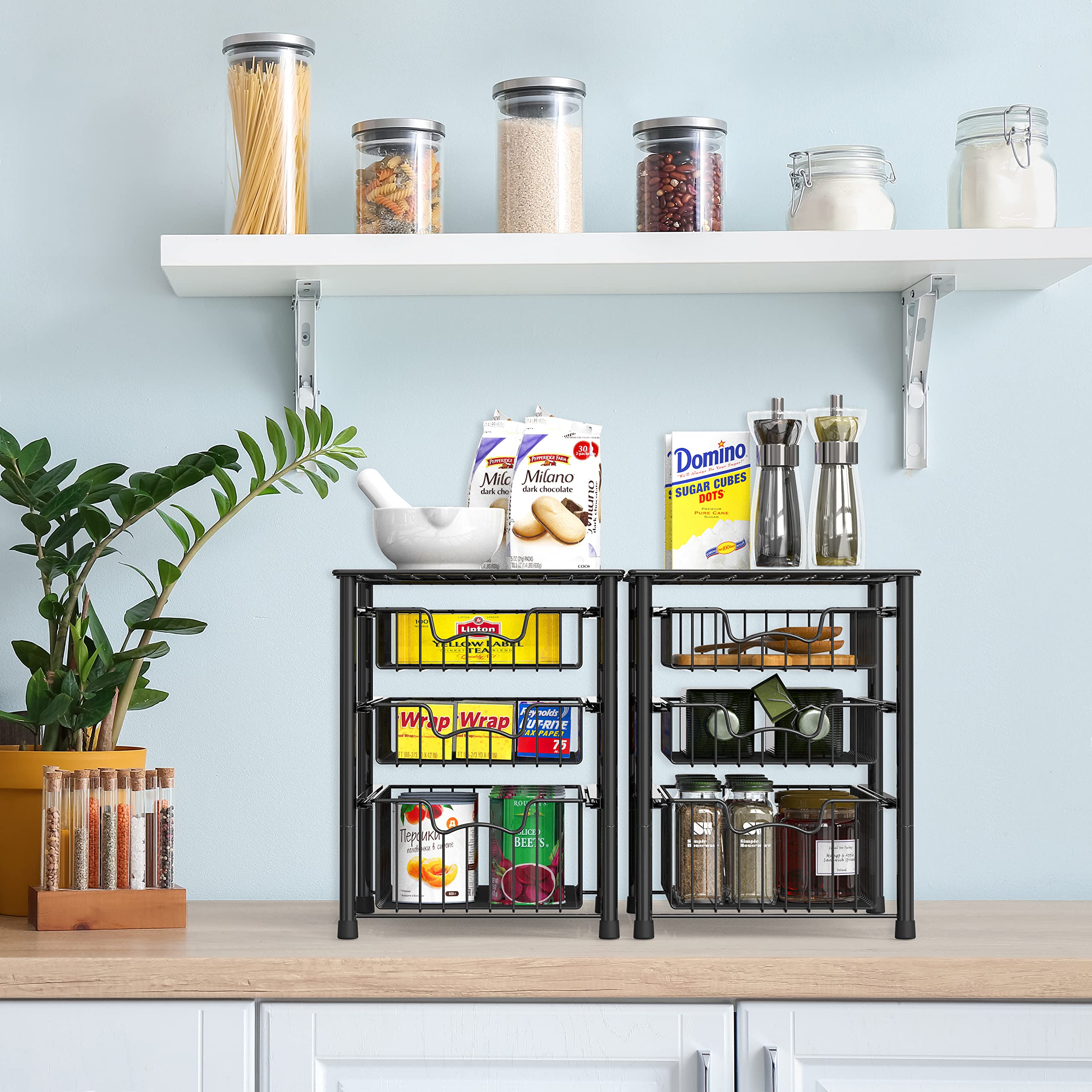 Simple Houseware 3-tier sliding basket organizer keeps kitchen pantry tidy.