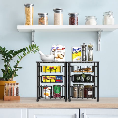 Simple Houseware 3-tier sliding basket organizer keeps kitchen pantry tidy.