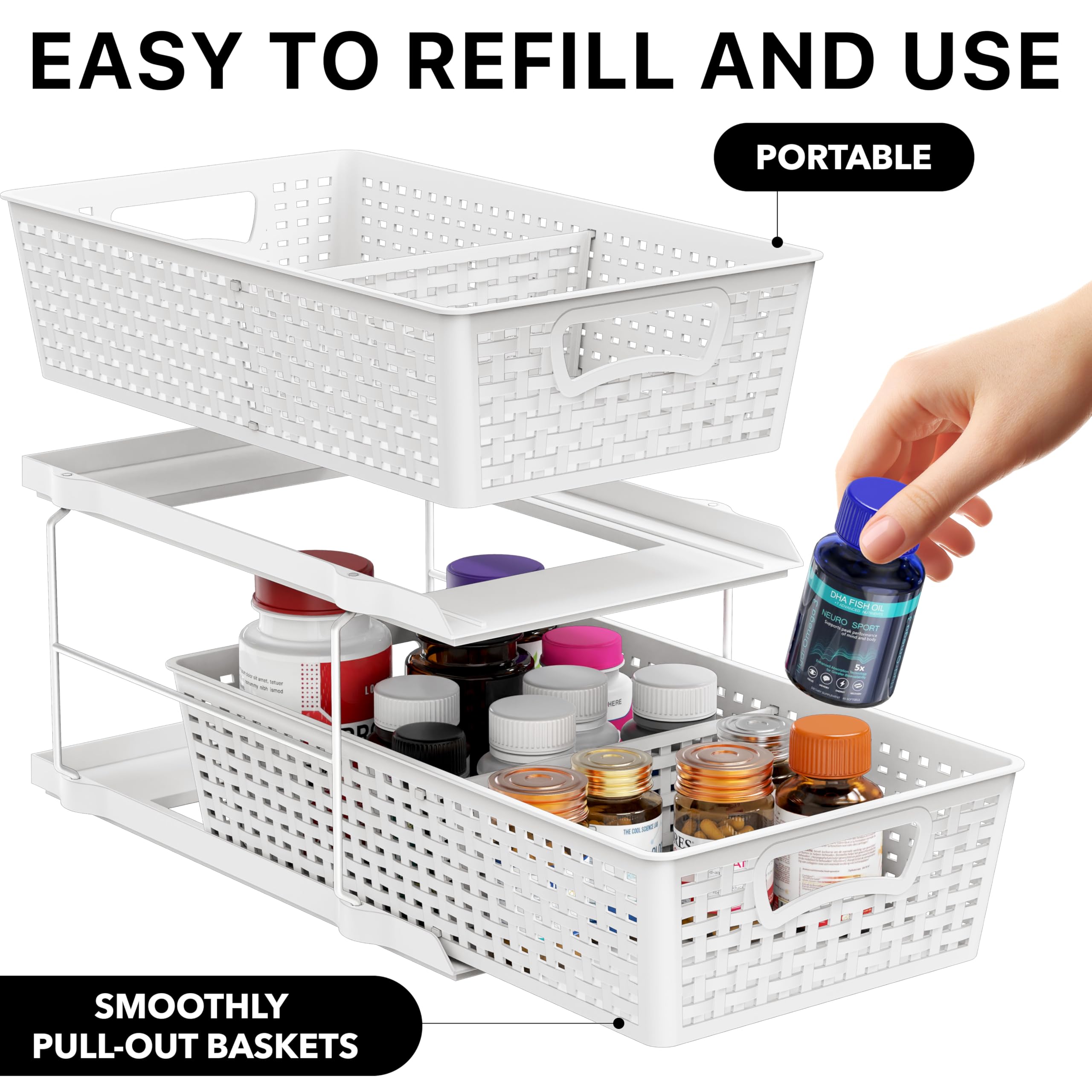 Simple Houseware adjustable-divider organizer in a cabinet, customizable sorting for small items.