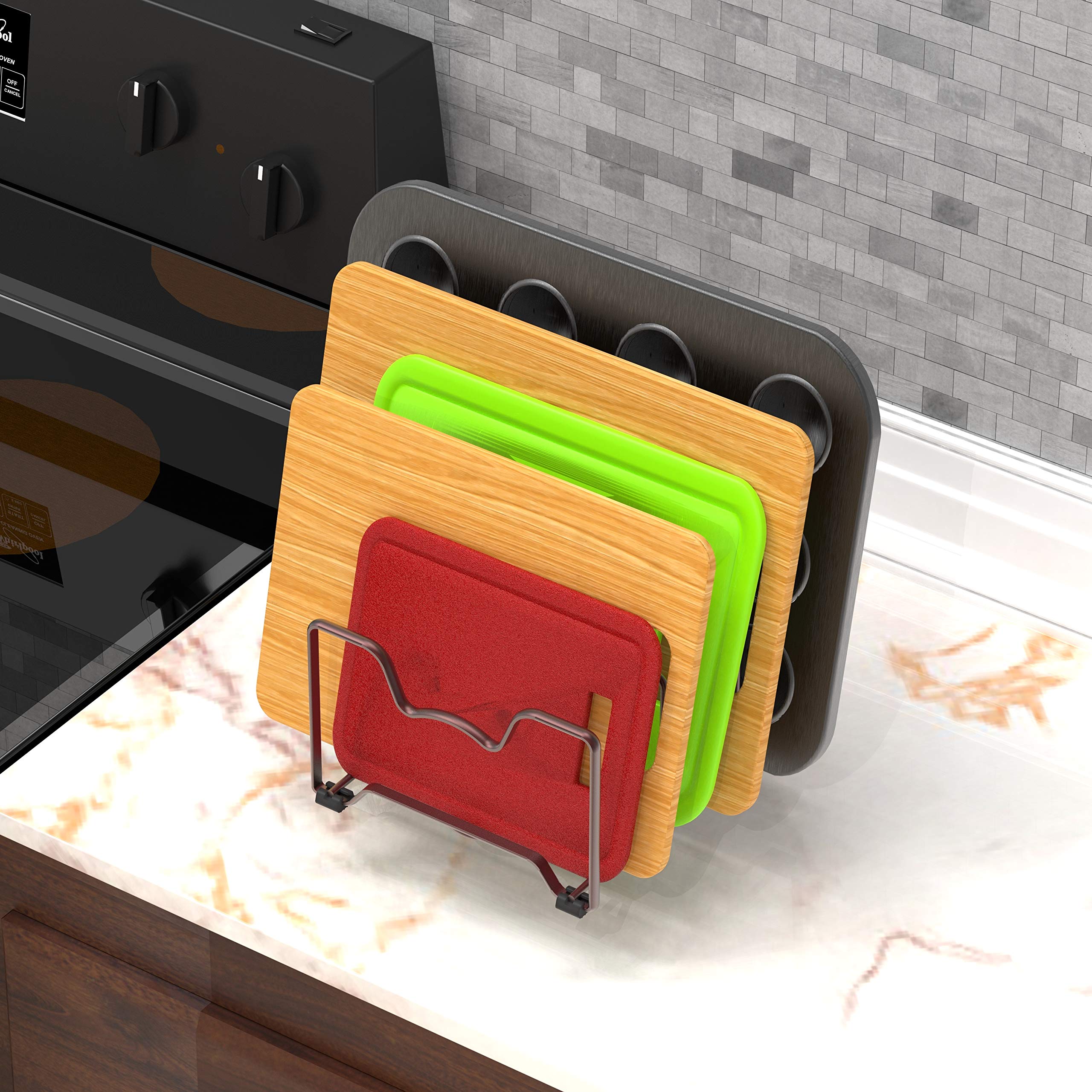 Simple Houseware bronze bakeware rack holds pans securely for fast selection.
