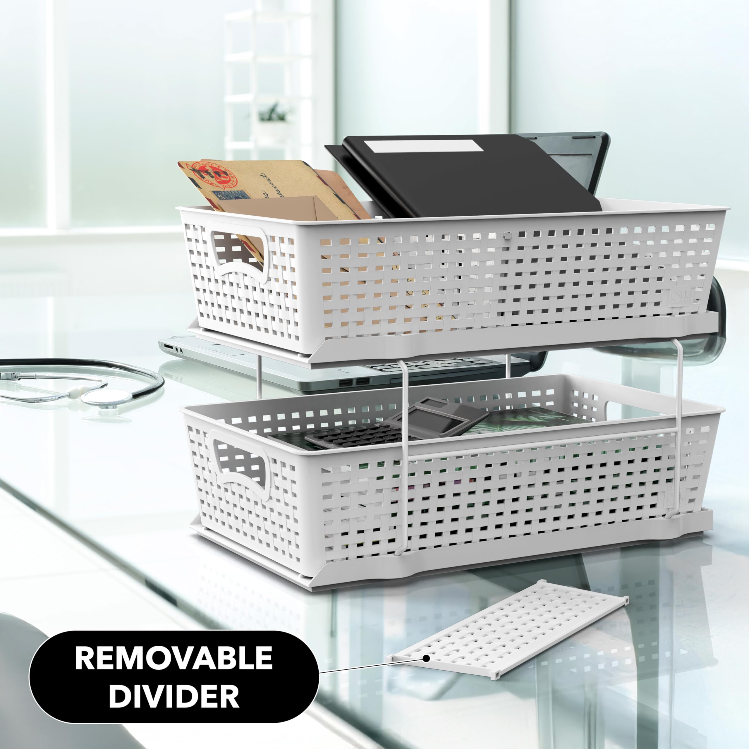 Simple Houseware 2-tier organizer shown on countertop for quick access.