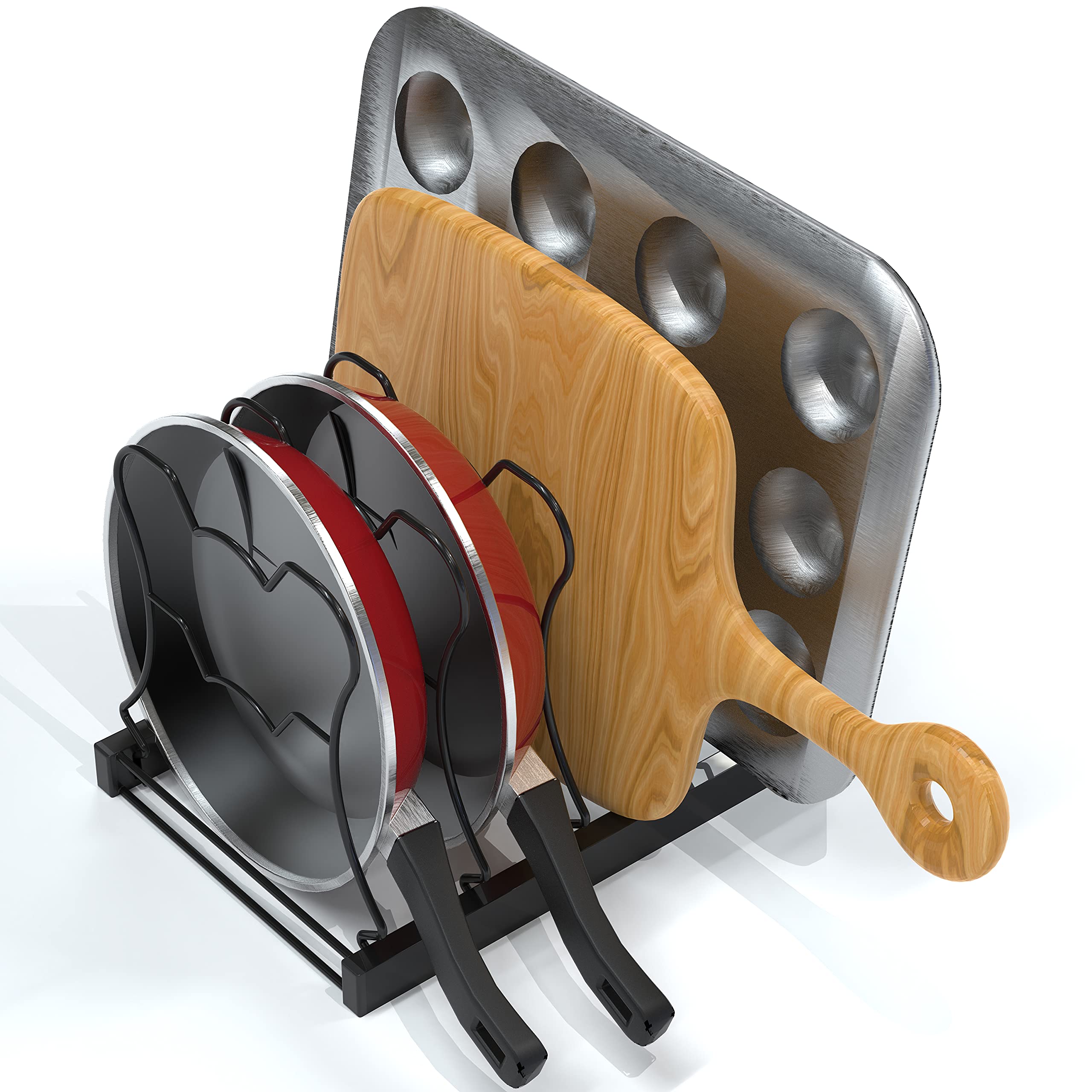 Simple Houseware cast-iron skillet-friendly rack keeps heavy pans within easy reach.