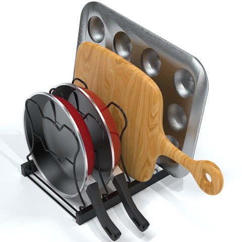 Simple Houseware cast-iron skillet-friendly rack keeps heavy pans within easy reach.