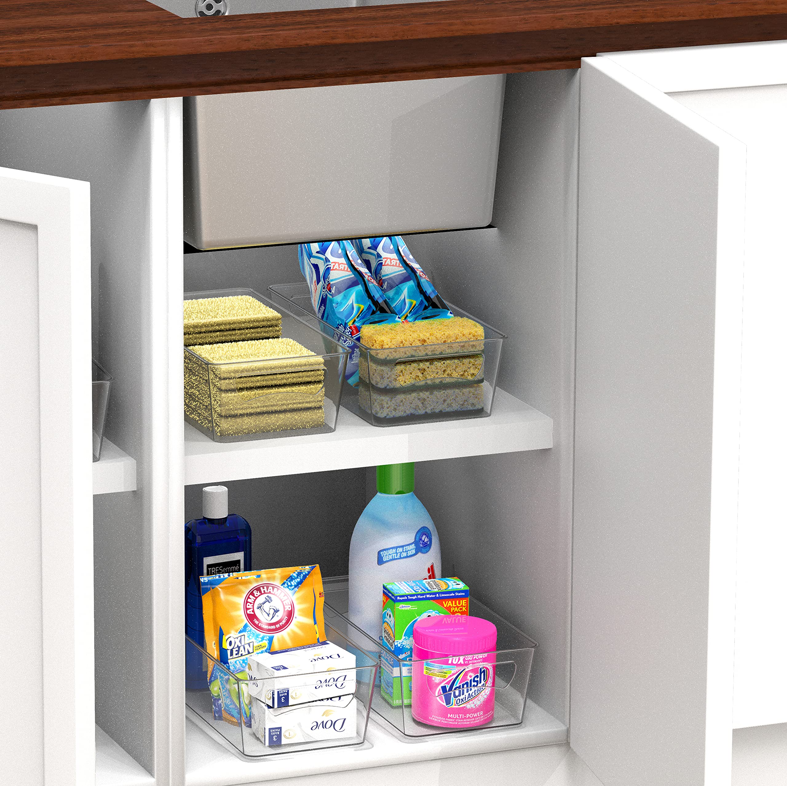 Simple Houseware chic, visible storage keeps shelves neat and accessible.