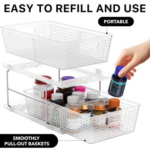 Simple Houseware clear under-sink storage keeps items visible and organized.