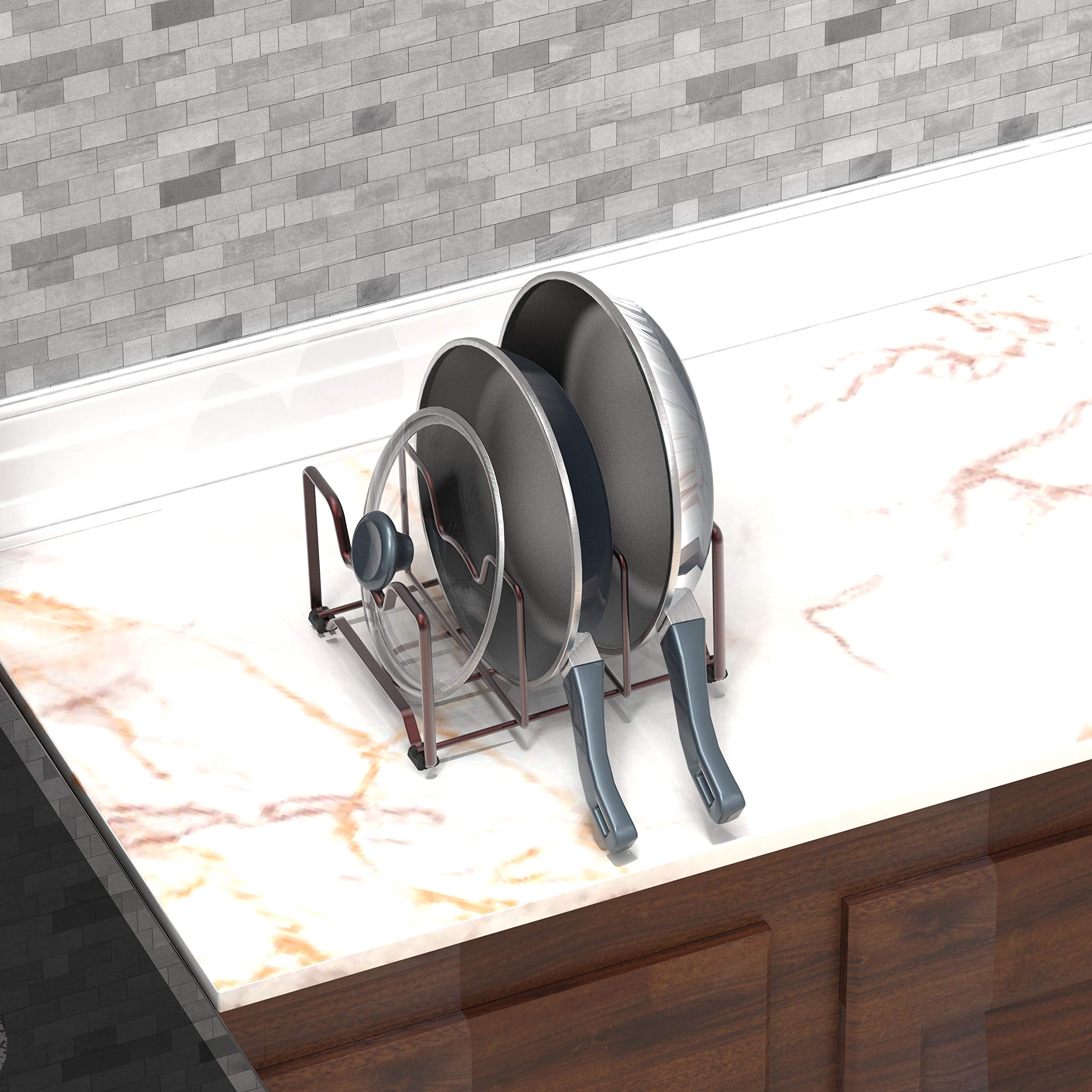 Simple Houseware bronze cookie sheet rack stores bakeware neatly and within reach.