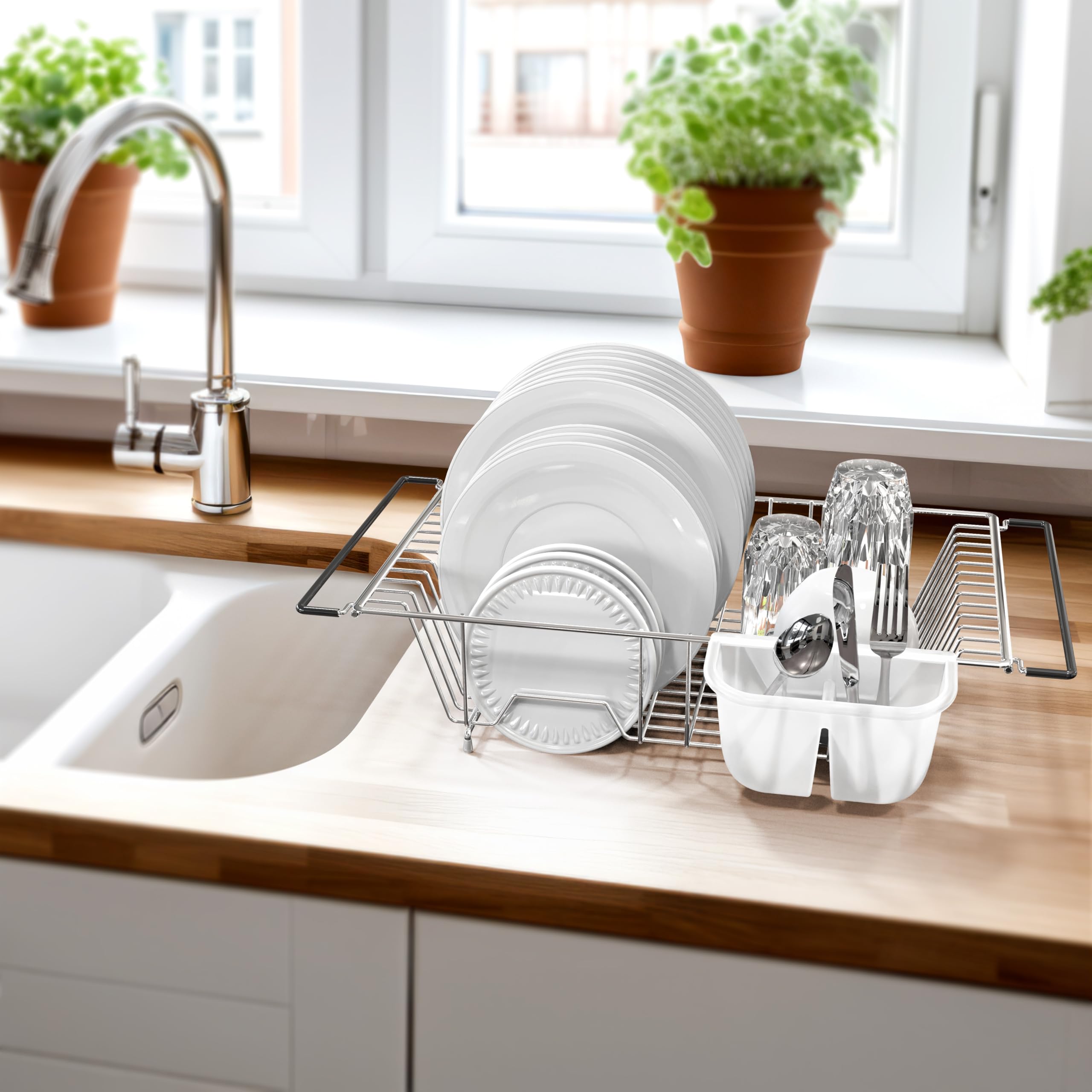 Dimensions 11.4 by 21 inches for over-sink or countertop use.