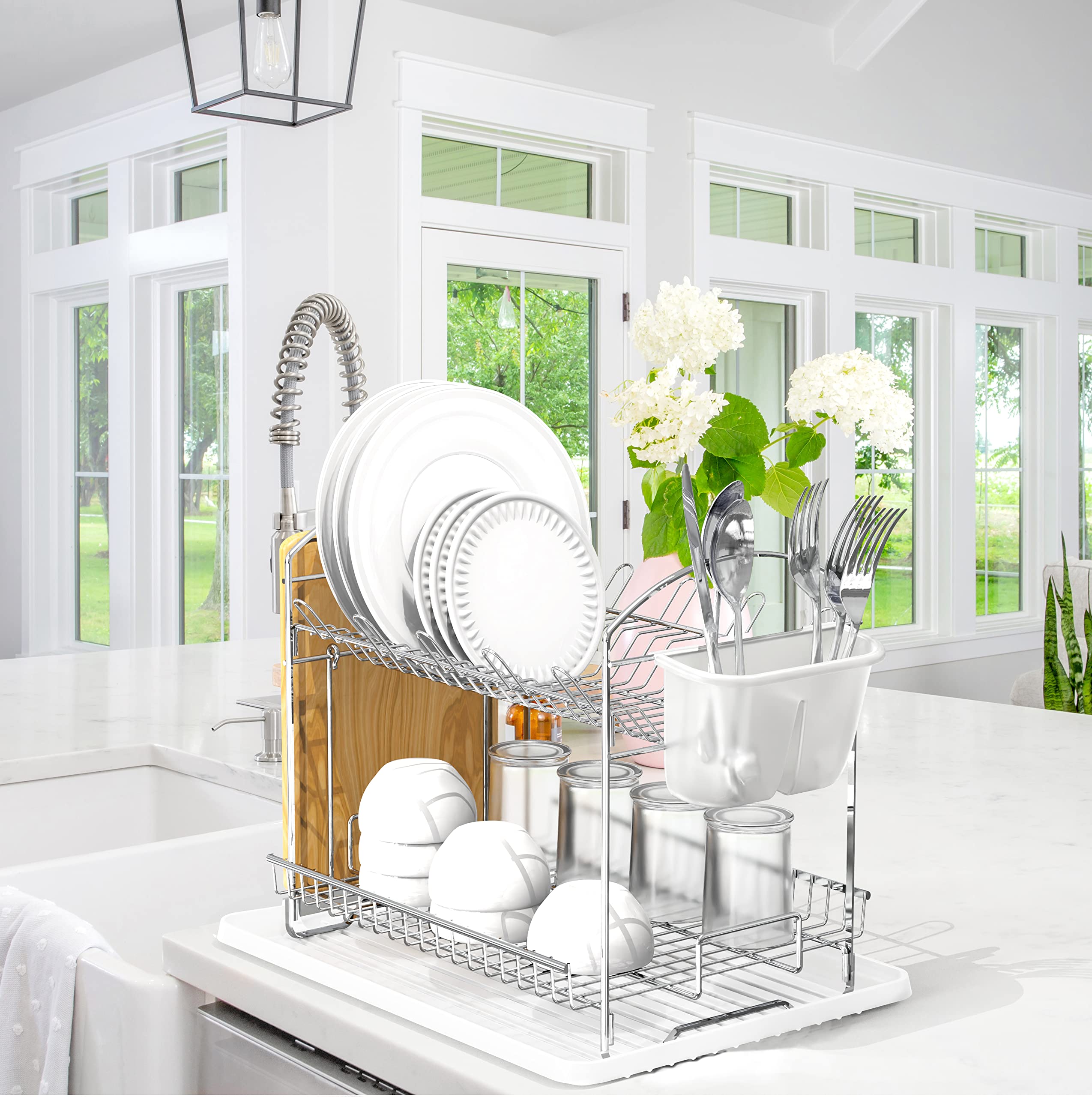 Simple Houseware dish rack in chrome with drainboard for kitchens.