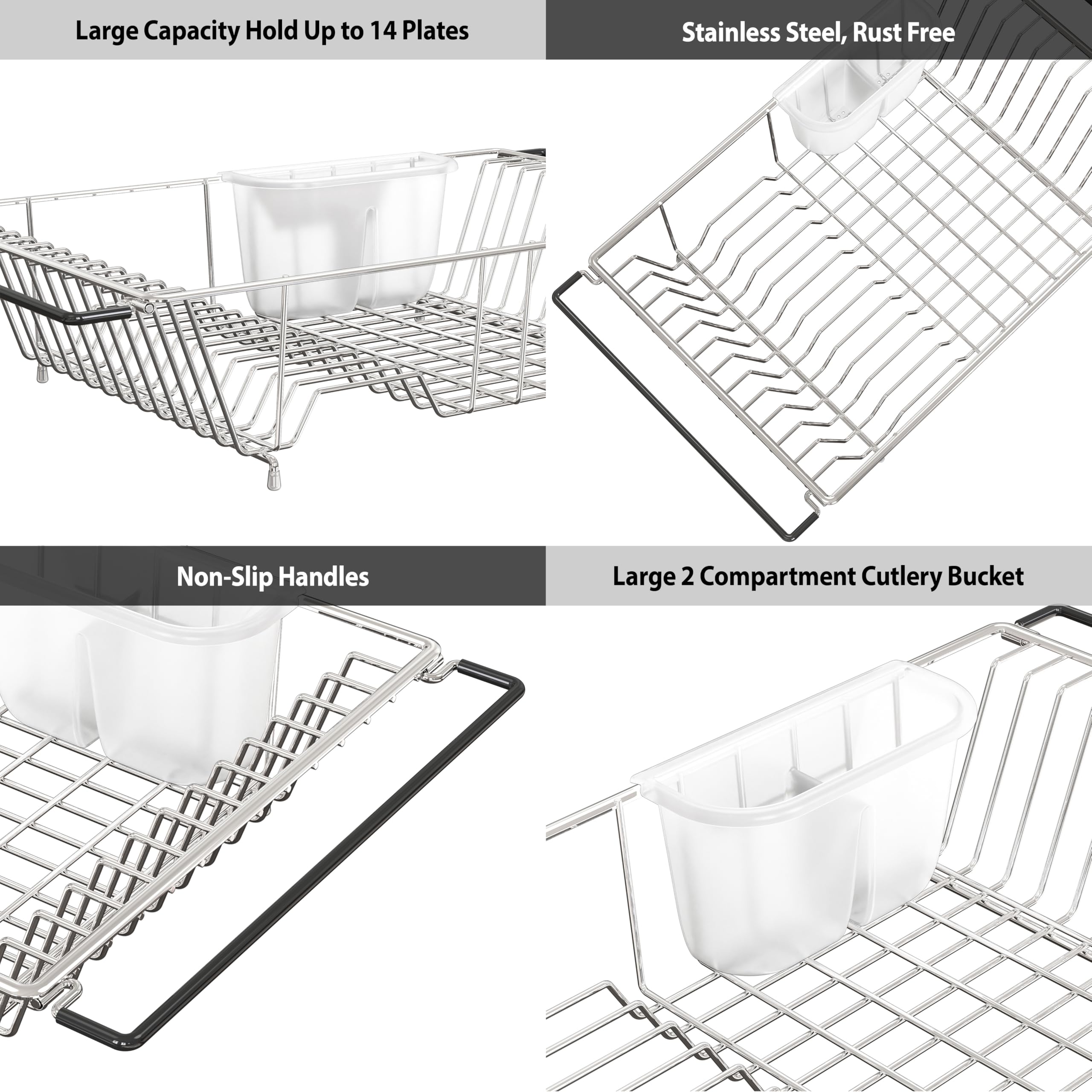 Sturdy stainless steel drying rack dries glasses, bowls, and plates efficiently.