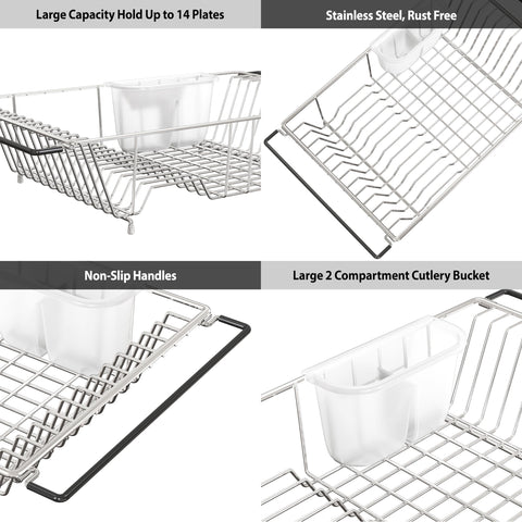 Sturdy stainless steel drying rack dries glasses, bowls, and plates efficiently.