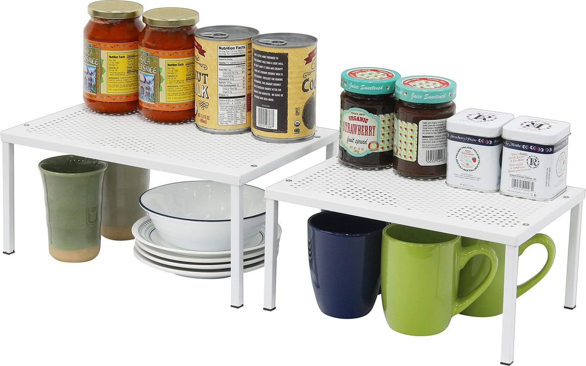 Simple Houseware Expandable Shelf in white on a counter showing accessible plates